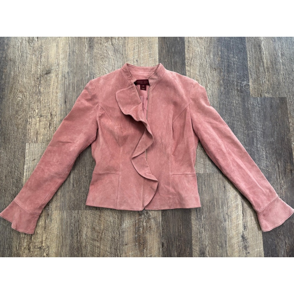 Margaret Godfrey Petite Pink Suede Leather Ruffle Jacket 9548 Rose Blazer 4P